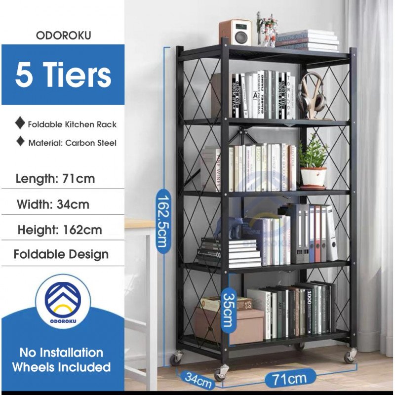 ODOROKU 3/4/5 Foldable Storage Rack with Wheels Metal Durable Multifunctional Foldable Rack Shelf Collapsible Foldable - ODOROKU