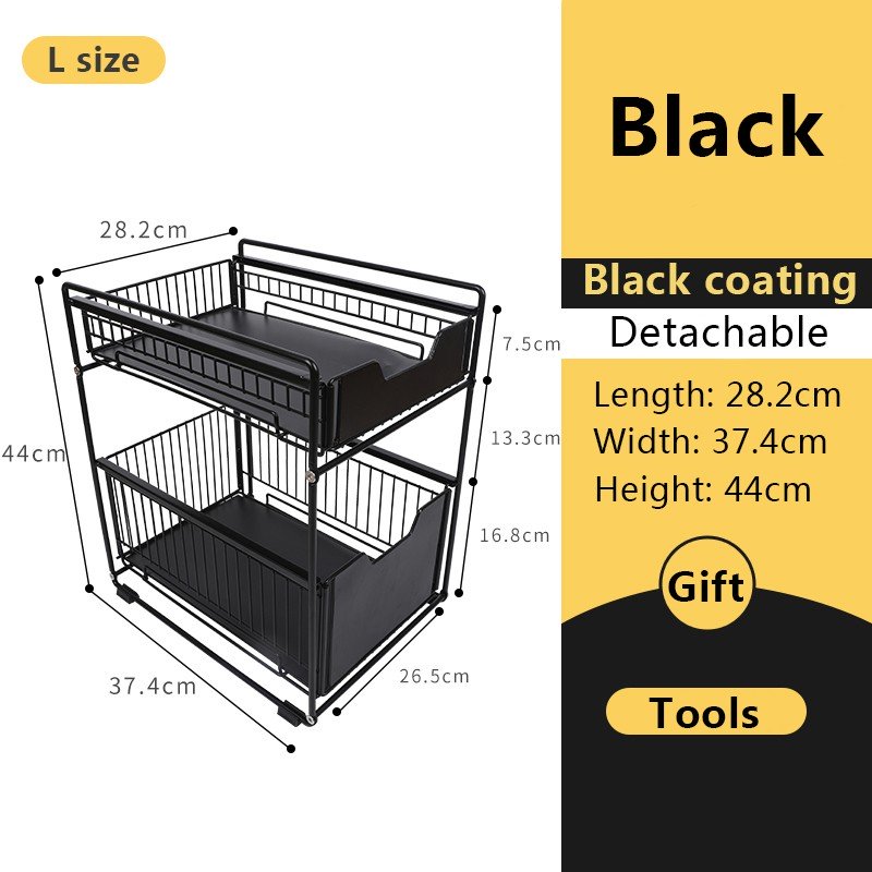 ODOROKU Under Sink Rack 2-Tier Kitchen Cabinet Organizer Rack with Sliding Storage Drawer Stackable Black/ White - ODOROKU