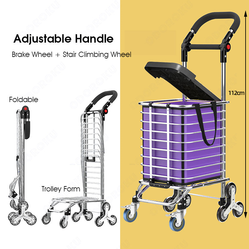 ODOROKU Lightweight Aluminum & 180° Adjustable & Foldable Elderly Cart Lengthened Hand Trolley Trailer Alloy Large Capacity Comfortable Auntie Trolley For Seniors Climb Stairs Brake Wheels For Grocery Shopping Vegetables Fruits Boxes Senior Aunty - ODOROKU