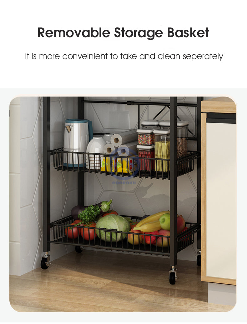 ODOROKU 2/3/4 Tiers Adjustable Kitchen Basket Rack with Wheels Microwave Oven Rack Kitchen Organizer Expandable Length - ODOROKU