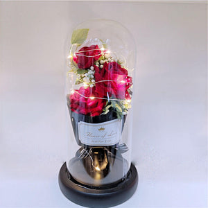 ODOROKU Silk Rose and Led Light with Fallen Petals in Glass Dome on Wooden Base Artificial Rose Rose Kit Rose Glass Dome Valentine's Day Anniversary Birthday Mothers Day Gift - ODOROKU