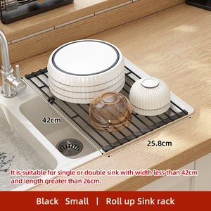 ODOROKU Roll Up Dish Drying Rack Over Sink Drying Rack Sink Cover Kitchen Sink Accessories Gadget Multipurpose Organizer Foldable Stainless Steel Drainer Heat-Resistant Anti-Slip Anti-Rust Black White - ODOROKU