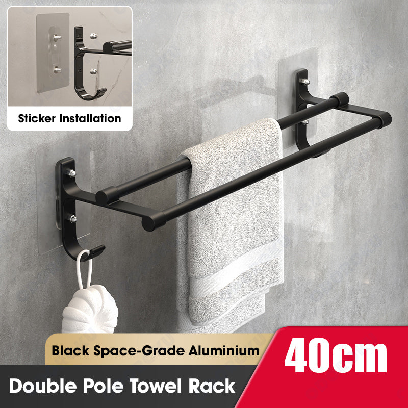 ODOROKU Aluminium Wall Mounted Bathroom Towel Storage Rack with Hook Double Tier Towel Hanger Toilet Bathroom Towel Rack Wall Hanging Black Towel Rack Bathroom Storage Space Saver Nail Free Installation Silver Black - ODOROKU