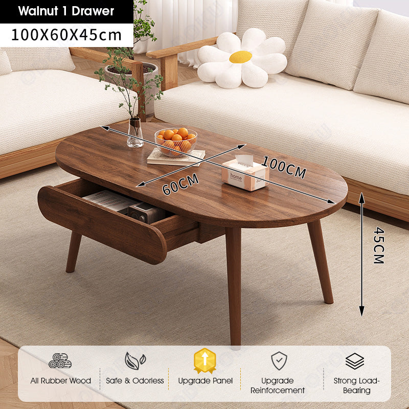 ODOROKU 80/100/120cm Wood Modern Oval Coffee Table with Drawer 1.5cm Thickness Solid Rubber Wooden Coffee Table Scandinavian Nordic Design Round Wooden Center Table Side End Table for Living Room Sturdy Tea Table - ODOROKU