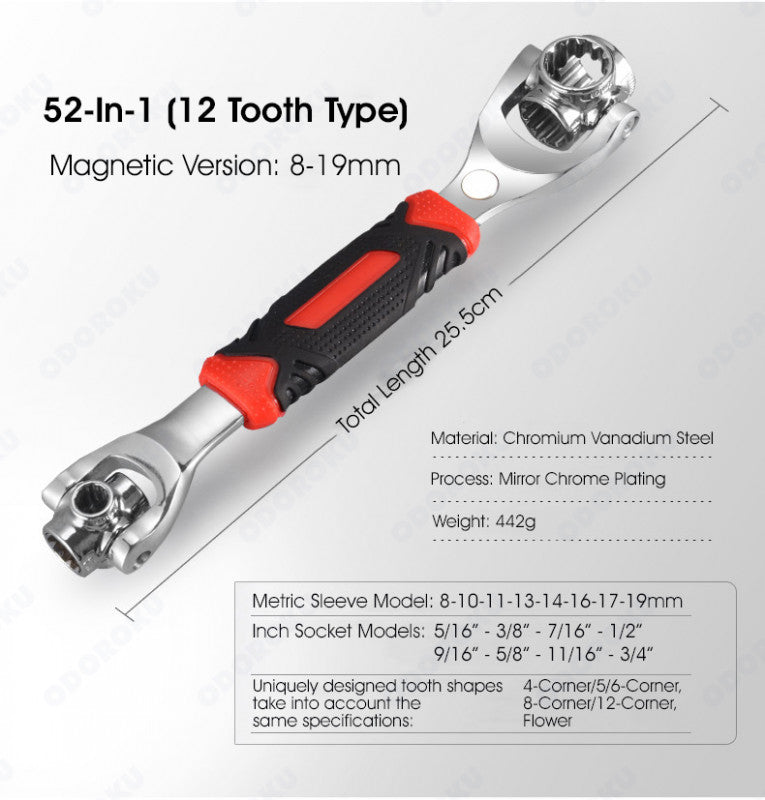 ODOROKU Universal Wrench 52 in 1 Socket Wrench Multifunction Wrench Tool with 360 Degree Rotating Head 6 Point 12 Point Spanner Tool for Home and Car Repair - ODOROKU