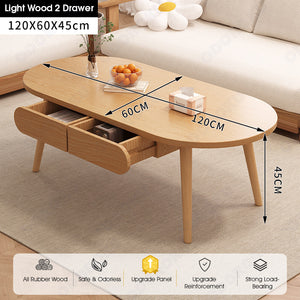 ODOROKU 80/100/120cm Wood Modern Oval Coffee Table with Drawer 1.5cm Thickness Solid Rubber Wooden Coffee Table Scandinavian Nordic Design Round Wooden Center Table Side End Table for Living Room Sturdy Tea Table - ODOROKU