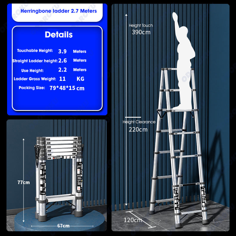 ODOROKU Telescopic Ladder A-Frame Stainless Steel Extension Ladders Multi-Purpose Collapsible Ladder for Household Commercial Aircon Renovation Herringbone Ladder Folding Ladders - ODOROKU