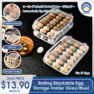 ODOROKU Rolling Stackable Egg Holder Auto Scrolling Down for Refrigerator Smart Stackable Antislip Deviled Egg Tray Food - ODOROKU