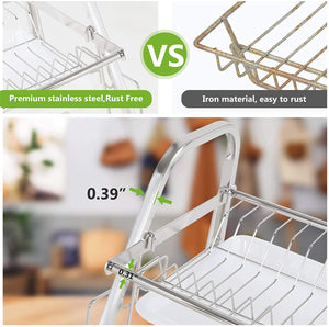 ODOROKU 2 Tier Dish Rack 304 Stainless Steel with Utensil Knife Holder and Cutting Board Holder Dish Drainer - ODOROKU