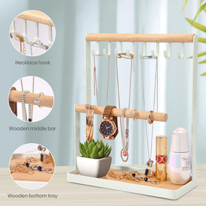 ODOROKU Jewelry Organizer Stand with Ring Holder Jewelry Holder Organizer with 8 Hooks Necklace Organizer and Watch Bracket Holder Jewelry Stand for Earring Necklaces Storage Wooden Handing Bar for Bracelets Watches Rings - ODOROKU