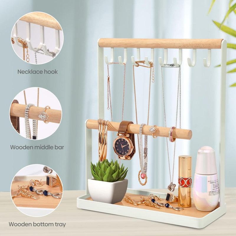 ODOROKU Jewelry Organizer Stand with Ring Holder Jewelry Holder Organizer with 8 Hooks Necklace Organizer and Watch Bracket Holder Jewelry Stand for Earring Necklaces Storage Wooden Handing Bar for Bracelets Watches Rings - ODOROKU