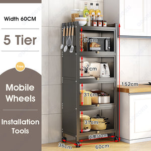 ODOROKU 3/4/5 Tiers Heavy Duty Free Standing Kitchen Rack with Cabinet Door & Removable Back Panel for Kitchens Storage with Rolling Wheels Microwave Oven Stand Rack - ODOROKU