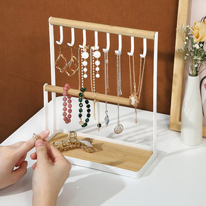 ODOROKU Jewelry Organizer Stand with Ring Holder Jewelry Holder Organizer with 8 Hooks Necklace Organizer and Watch Bracket Holder Jewelry Stand for Earring Necklaces Storage Wooden Handing Bar for Bracelets Watches Rings - ODOROKU