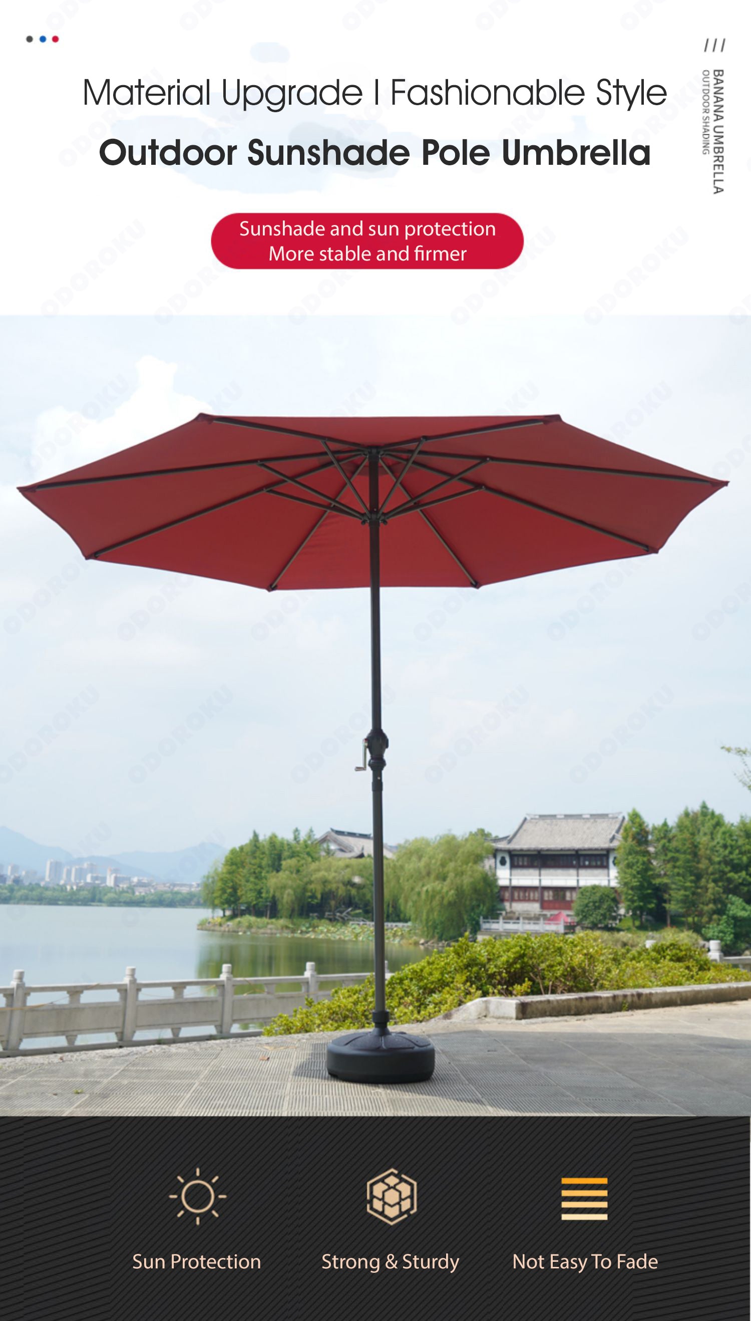 ODOROKU Patio Umbrella Parasol Cover Waterproof Outdoor with Base Round Hanging Umbrella with Double Layer Canopy Sun Shade Anti UV Easy to Use - ODOROKU