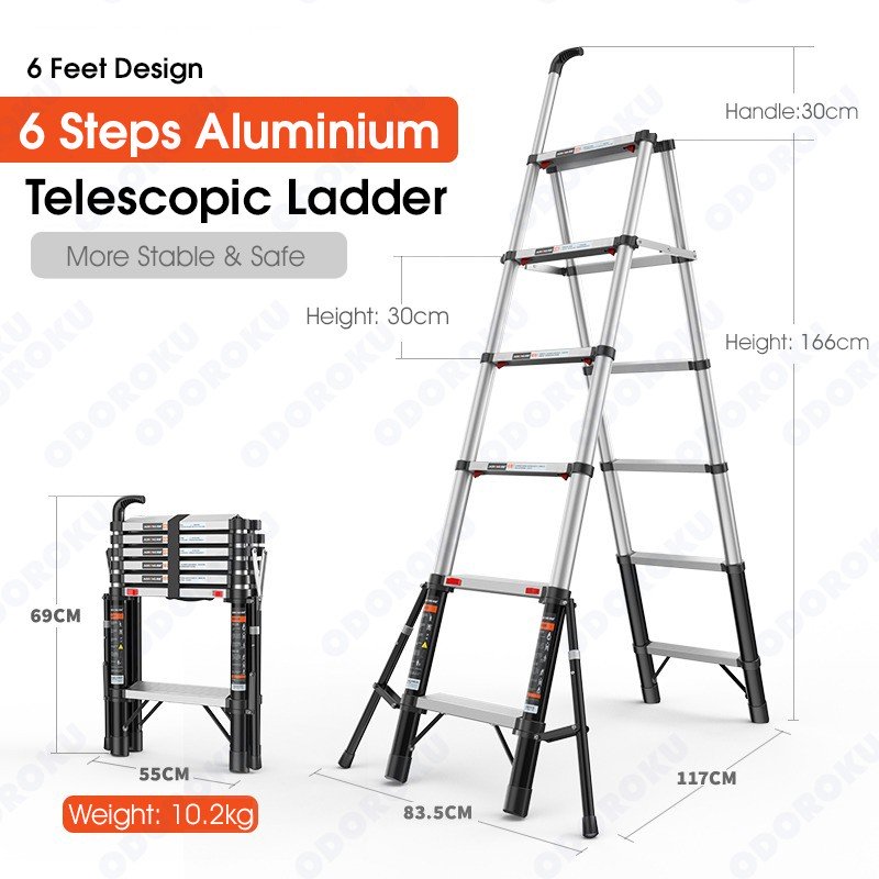 ODOROKU 6 Legs Household Aluminum Telescopic Ladder Extension Multi-Purpose Ladder Base Support Lightweight and Space Saving - ODOROKU