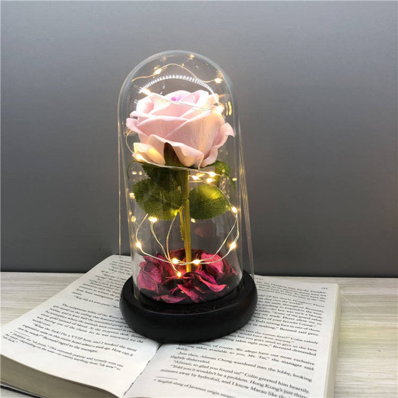 ODOROKU Silk Rose and Led Light with Fallen Petals in Glass Dome on Wooden Base Artificial Rose Rose Kit Rose Glass Dome Valentine's Day Anniversary Birthday Mothers Day Gift - ODOROKU