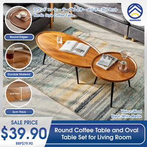 ODOROKU Round Coffee Table and Oval Table Set for Living Room Modern Coffee Table with Open Storage Marble Wood Tabletop & Sturdy Metal Legs Large Circle Coffee Table for Stylish Home - ODOROKU