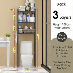 ODOROKU 2/3 Tier Washing Machine Toilet Storage Rack Over-The-Toilet Cabinet Bathroom Organizer Bathroom Space Saver with Multi-Functional Shelves Black White - ODOROKU