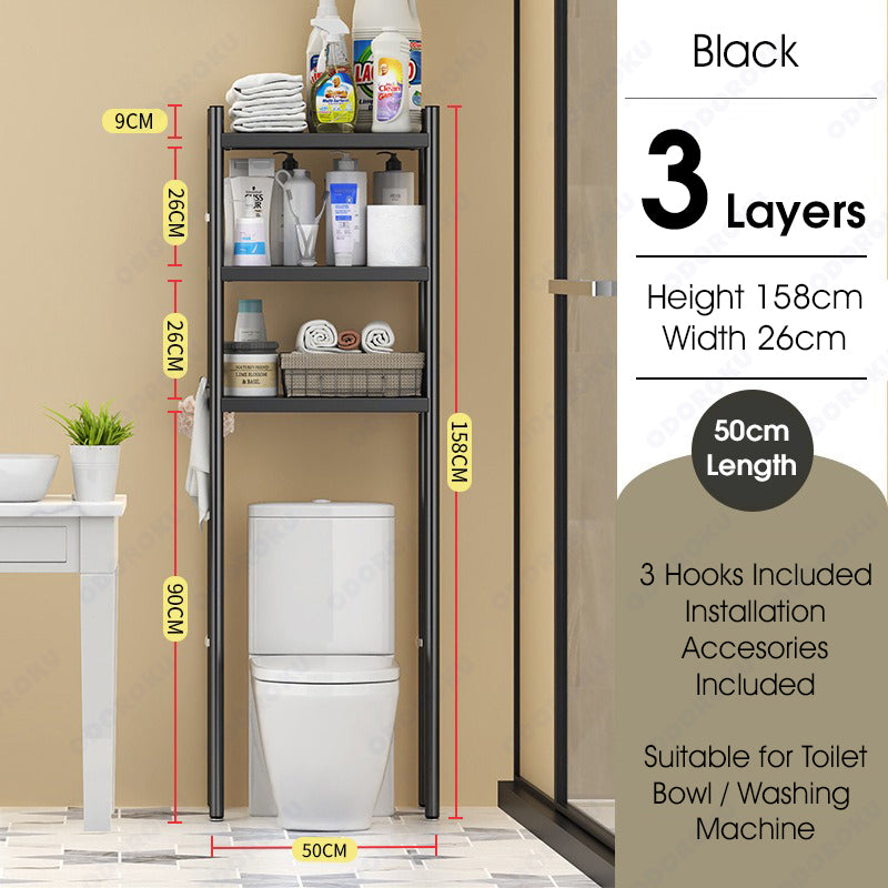 ODOROKU 2/3 Tier Washing Machine Toilet Storage Rack Over-The-Toilet Cabinet Bathroom Organizer Bathroom Space Saver with Multi-Functional Shelves Black White - ODOROKU