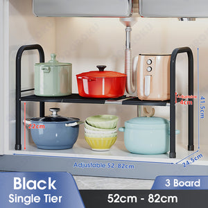 ODOROKU Under Sink Organizers 1/2 Tier Expandable Height/Length Cabinet Shelf Organizer with 8 Detachable Panels for Under Kitchen Bathroom Storage Multi-Use Under Sink Organizers and Storage Black White - ODOROKU