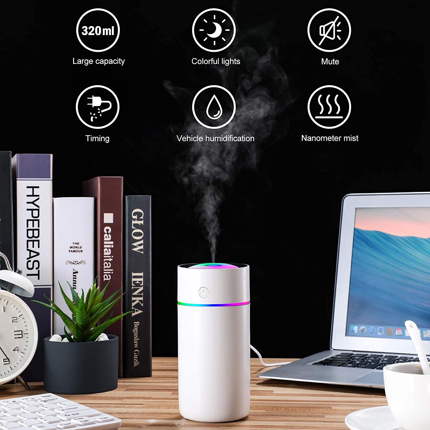 ODOROKU 320ml USB Humidifier 7-Color LED Night Light Portable Mini Humidifiers Personal Desktop Humidifier Quiet Air Humidifier with 2 Modes and Auto Off for Home Office Car Bedroom Travel Black White Pink - ODOROKU