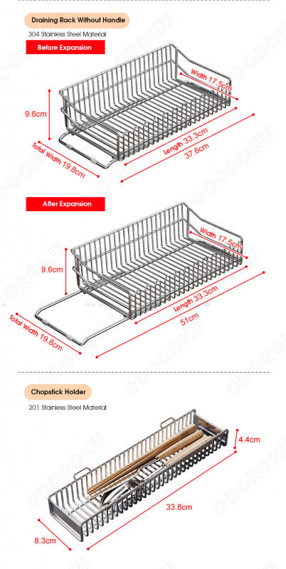 ODOROKU 304 Stainless Steel Extendable Over the Sink Dish Rack With Chopstick Tray Drying Organizer Dish Drying Rack Draining Basket Adjustable Expandable Large Capacity Storage For Fruits Vegetables Bowls Plates Utensils Cutlery Kitchen Storage - ODOROKU