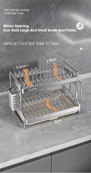 ODOROKU 2/3 Tier 304 Stainless Steel Dish Rack with Utensils Holder and Water Tray Dish Drying Stand Dish Storage Box Dish Bowl Plate Cutlery Drainage Holder Kitchen Shelf Organizer - ODOROKU