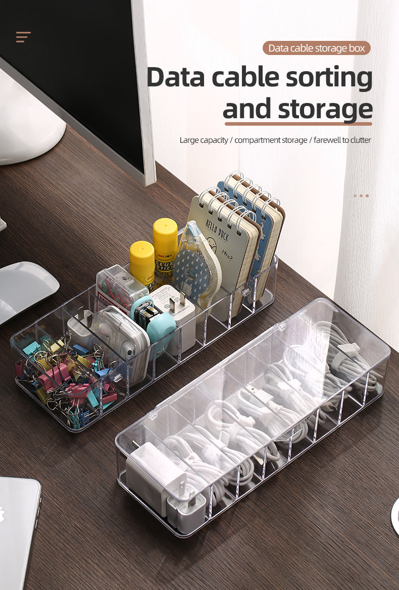 ODOROKU Clear Plastic Cable Organizer Box with Adjustment Compartments Desk Accessories Storage Case with Lid and for Drawer, Office, Art Supply, Electronic Management - ODOROKU