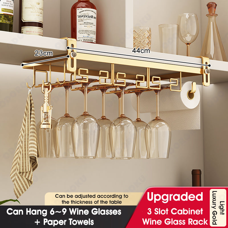 ODOROKU 2/3/4 Slots Adjustable Wine Glass Holder Under Shelf Nail Free Metal Stemware Holder Storage Hanger Hanging Wine Glasses Rack Organizer Under Cabinet Mount for Bar Kitchen Gold White - ODOROKU