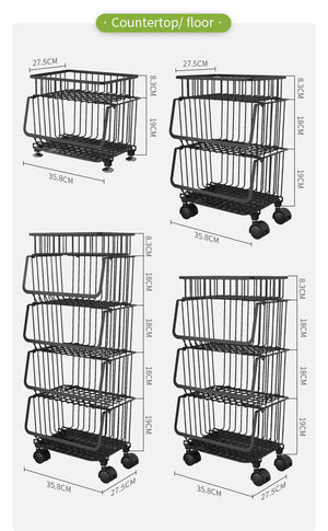 ODOROKU 2/3/4/5 Tiers Kitchen Basket Rack with Wheels & Water Tray Multipurpose Rack Storage Shelf Trolley Cart Shelf Rack Organizer Storage Movable Vegetable And Fruit Basket Space Saving Organizer with Locking Wheels Black - ODOROKU