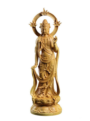 ODOROKU Yellow Box Wood Buddha and Bodhisattva Statue Hand Carved Yellow Wood Statue Standing Sitting Sculpture Handmade Figurine - ODOROKU