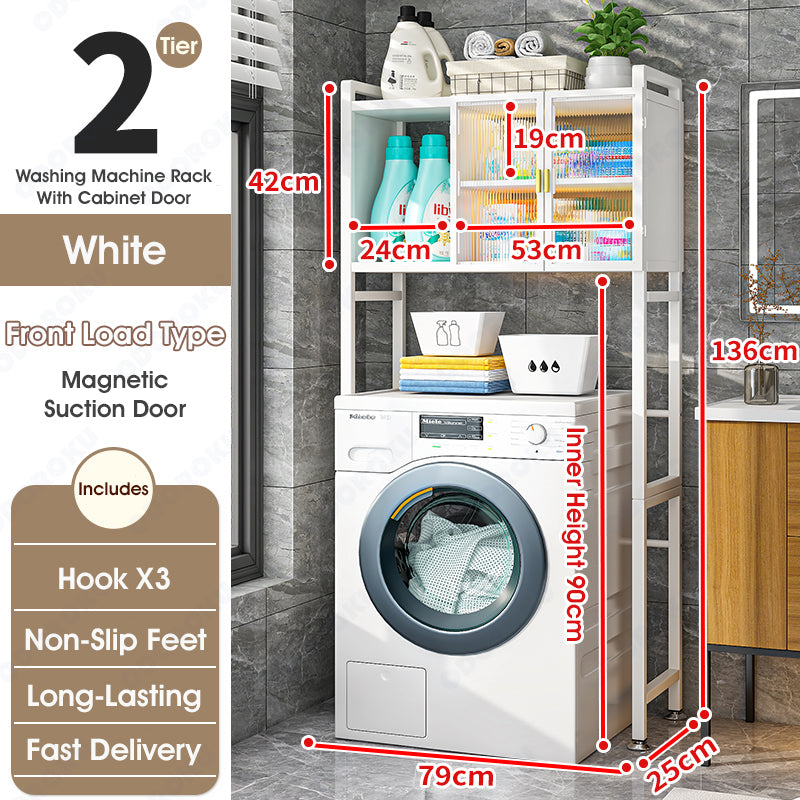 ODOROKU 2/3 Tiers Over the Washing Machine Rack with Magnetic Doors Over The Toilet Dryer Storage Cabinet Bathroom Shelf Over Toilet Bathroom Laundry Storage Cabinet Organizer - ODOROKU