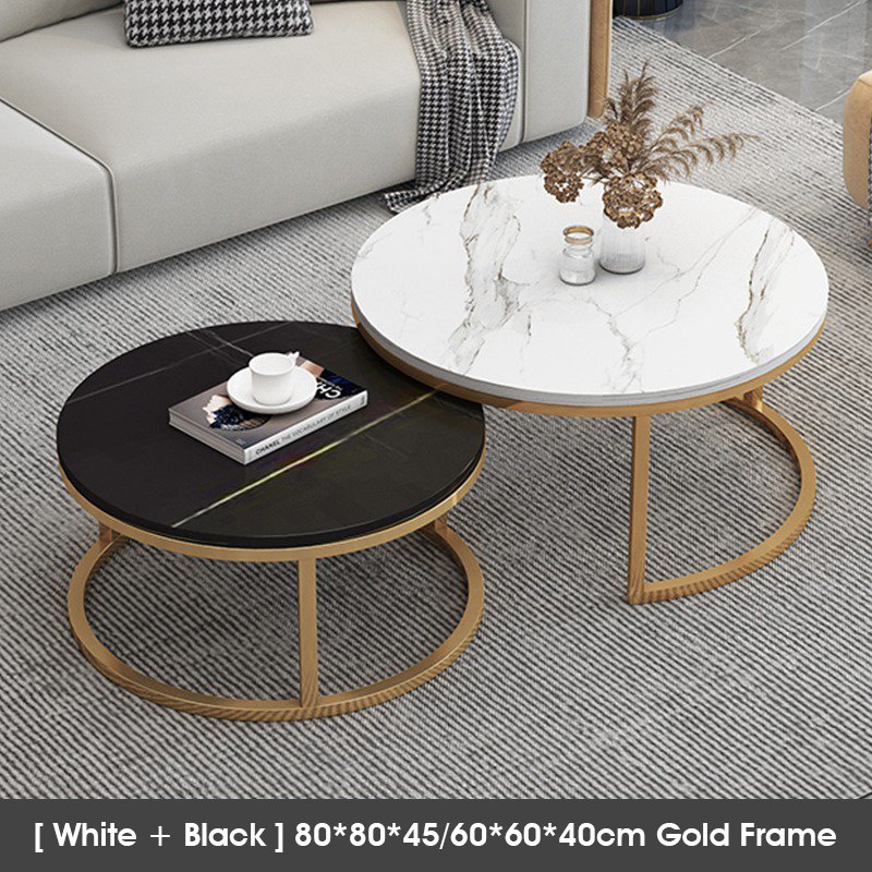 ODOROKU Sintered Stone Coffee Table Set of 2 Side Set Golden or Black Frame Circular and Marble Material Pattern Tables, Living Room Bedroom Apartment Modern Industrial Space Saving - ODOROKU