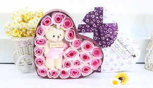 ODOROKU 20 Roses Bear Rose with Heart Shape Gift Box Teddy Bear Teddy Flower Bear Over 20 Artificial Flowers Valentines Day Anniversary & Bridal Showers Clear Gift Box [Red,Pink,Purple] - ODOROKU