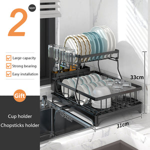 ODOROKU 2 Tier Dish Rack with Drainer Cup Holder & Utensils Holder Compact Dish Drainer Rack Sink Organizer Dish Rack for Kitchen Counter Bowl & Plates Dish Drying Rack Black White - ODOROKU