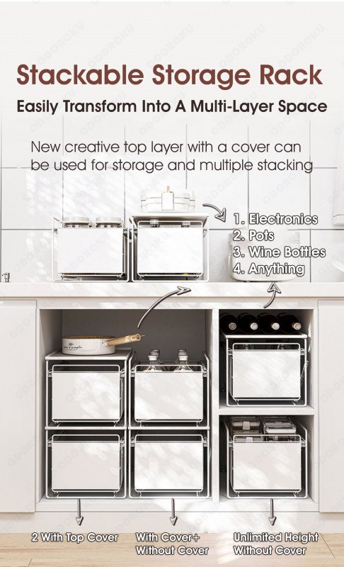 ODOROKU Stackable 2-Tier Under Sink Cabinets Organizer with Sliding Storage Drawer, Pull Out Cabinets Organizer Shelf, Sliding Kitchen Countertop Storage Basket Black White - ODOROKU