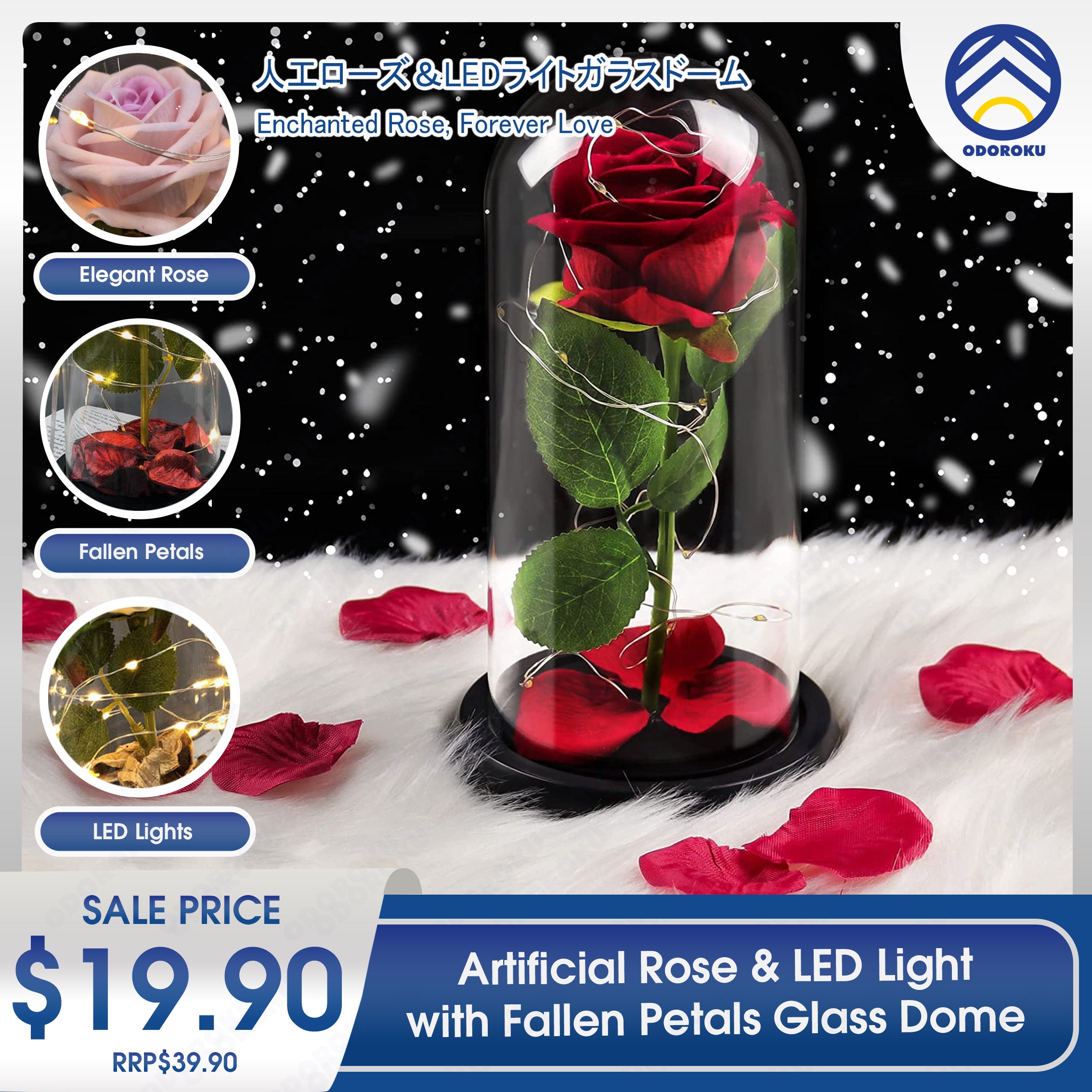 ODOROKU Silk Rose and Led Light with Fallen Petals in Glass Dome on Wooden Base Artificial Rose Rose Kit Rose Glass Dome Valentine's Day Anniversary Birthday Mothers Day Gift - ODOROKU