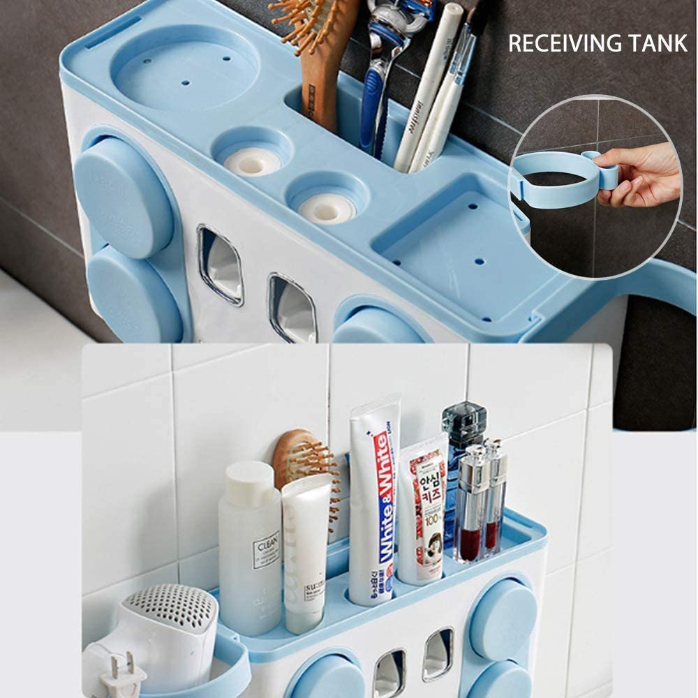 ODOROKU Toothbrush Holder and Toothpaste Dispenser with Cups Hair Dryer Holder Wall Mounted Large Capacity Multiple Compartment Dustproof Squeezer Toothpaste Dispenser Hands Free Squeeze Out for Family Washroom Bathroom White Grey Blue - ODOROKU