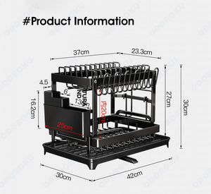 ODOROKU 2 Tier Dish Rack with Drainer Cup Holder Utensils Holder and Water Tray Dish Drying Rack Dish Racks for Kitchen Counter with Drainboard Dish Drainer with Drainage Utensil Holder for Dish/Knifes/Cup/Cutting Board Black White - ODOROKU