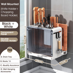 ODOROKU 3 In 1 Kitchen Knife Holder Standing or Wall Mounted Utensils Holder Knife Cutting Board Pots Pan Lids Rack with Tray Organizer Cutting Board Holder Knife Block without Knives Black / White - ODOROKU