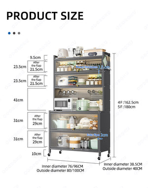 ODOROKU 80/100cm Heavy Duty Bakers Rack with Flip Door Kitchen Rack Microwave Rack with Wheels Kitchen Storage Rack with Wire Holes Kitchen Multi-Tier Rack for Spices Pots and Pans Black White - ODOROKU