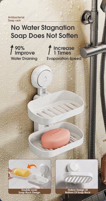 ODOROKU x Taili 1/2 Layer Soap Dish One Push Suction Cup Soap Holder Strong Sponge Holder Drill-Free Removable Self Draining Removable Waterproof Strong Suction Bar Soap Sponge Holder For Shower Bathroom Bathtub Kitchen - ODOROKU