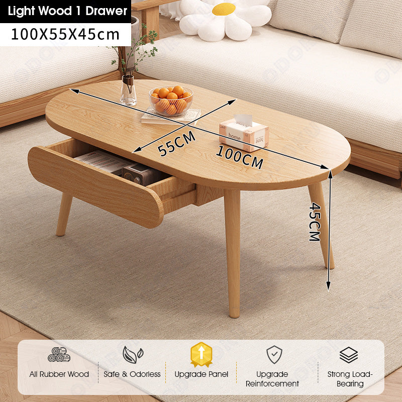 ODOROKU 80/100/120cm Wood Modern Oval Coffee Table with Drawer 1.5cm Thickness Solid Rubber Wooden Coffee Table Scandinavian Nordic Design Round Wooden Center Table Side End Table for Living Room Sturdy Tea Table - ODOROKU