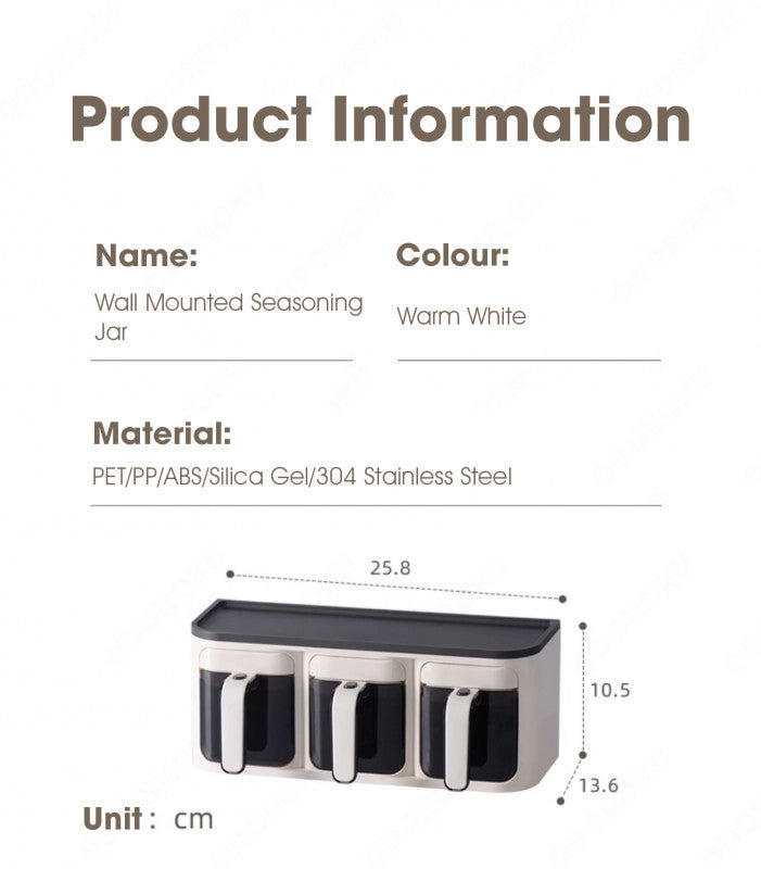 ODOROKU Punch-Free Wall Mounted Airtight Pull Out Spice Storage Box 250ml With Spoon & Lid Moisture-Proof Food Grade Container Box Jars Jar Holder Boxes Bottle Kitchen Food Spices Condiment Sugar Salt Pepper For Glass Flat Tiles & Wood Smooth Cement White - ODOROKU