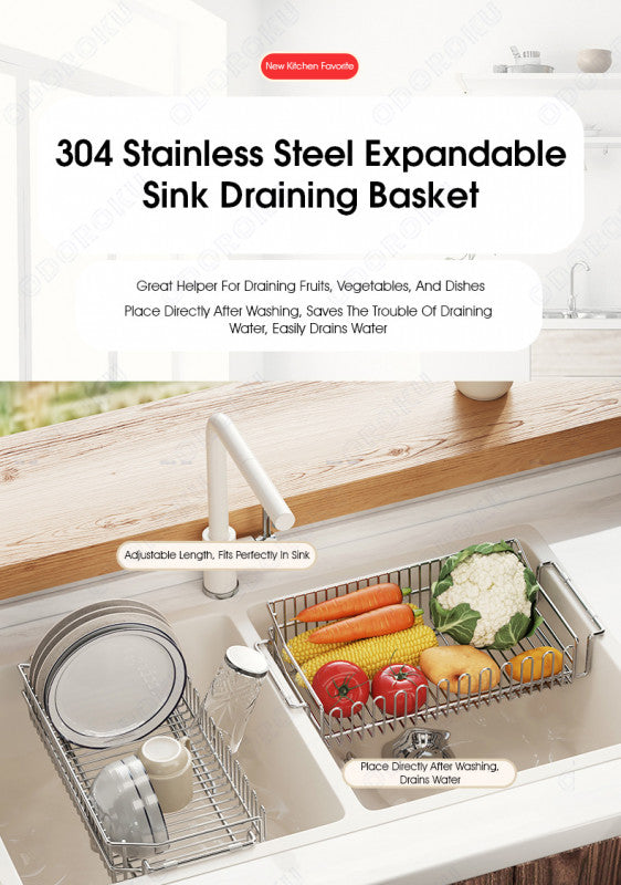 ODOROKU 304 Stainless Steel Extendable Over the Sink Dish Rack With Chopstick Tray Drying Organizer Dish Drying Rack Draining Basket Adjustable Expandable Large Capacity Storage For Fruits Vegetables Bowls Plates Utensils Cutlery Kitchen Storage - ODOROKU