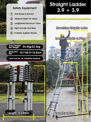 ODOROKU 8 Legs Aluminum Telescopic Ladder Extension Foldable Ladder A Shape or Straight Ladder Multi-Purpose Ladder with Wheels and Base Support, 2000kg Capacity - ODOROKU