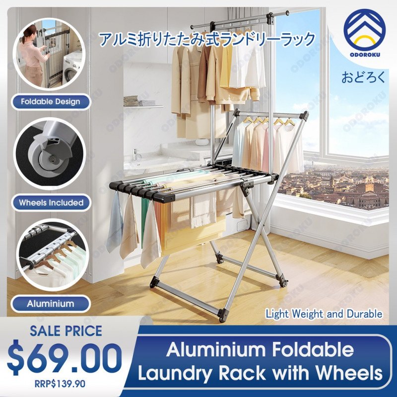 ODOROKU Aluminum Foldable Clothes Drying Rack with Wheels High Quality Laundry Rack Stable & Solid Aluminum - ODOROKU