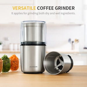 ODOROKU Coffee Grinder Electric 304 Stainless Steel Coffee Bean Grinder Electric Nut Grain Grinder with 2 Removable Stainless Steel Bowl, Silver - ODOROKU