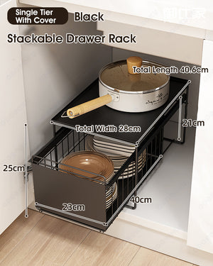 ODOROKU Stackable 2-Tier Under Sink Cabinets Organizer with Sliding Storage Drawer, Pull Out Cabinets Organizer Shelf, Sliding Kitchen Countertop Storage Basket Black White - ODOROKU