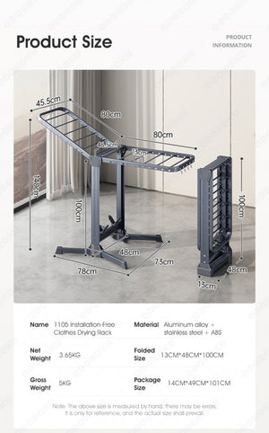 ODOROKU Mega Size Premium Aluminum Foldable Laundry Rack Grey with Windproof Hooks Laundry Drying Rack Collapsible Height Adjustable Wings Clothing Rack Foldable for Indoor Outdoor - ODOROKU